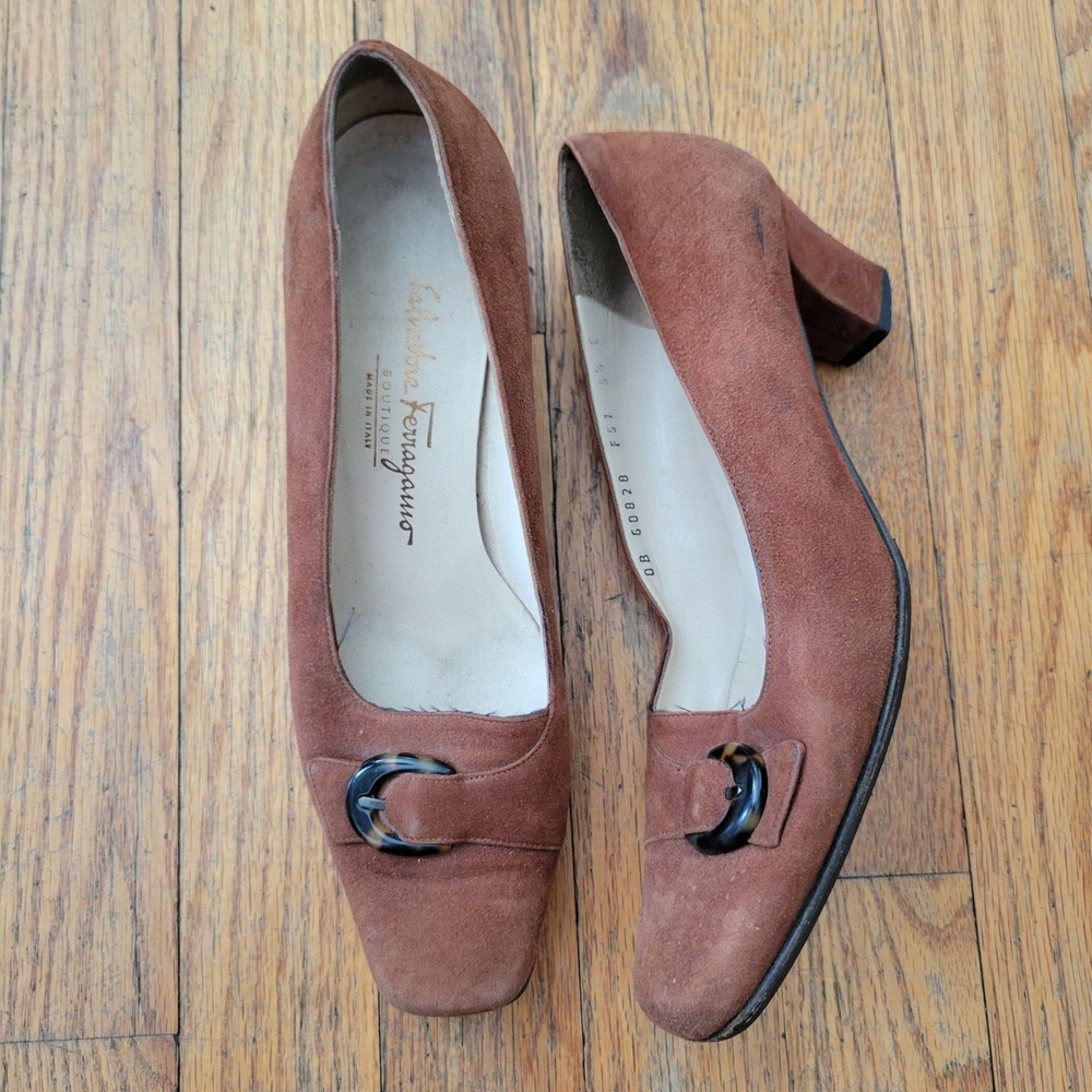 Salvatore Ferragamo 5.5 Pumps Brown Suede Buckle Block Heel Vintage Earthy